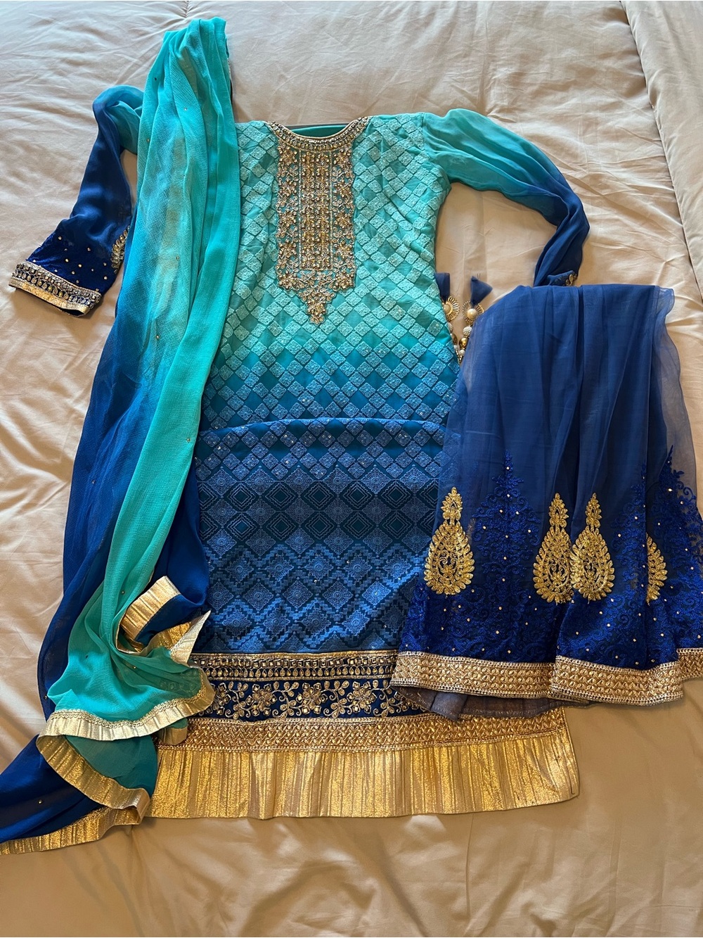 Teal to Royal Blue Ombre Embellished Maxi Dress with Gold Accents